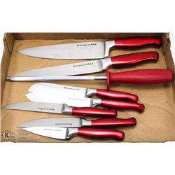 LOT OF 6 KITCHEN-AID KNIVES W/ SHARPENER , MOSTLY