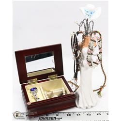 CARVED WOODEN JEWELRY BOX WITH CONTENTS WITH