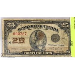 1923 25 CENTS DOMINION OF CANDA BANK NOTE