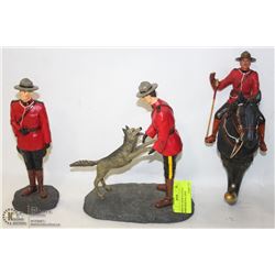 GROUP OF 2 RCMP STATUES & 1 HORSE HEAD WALL HOOK