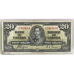1937 $20 BANK OF CANADA BANK NOTE F