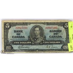 1937 CANADIAN $5 DOLLAR BILL