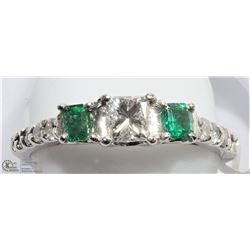 34) 14K WHITE GOLD DIAMOND & 2 EMERALD RING