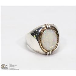 MENS SILVER RING WITH LARGE OVAL FIRE OPAL STONE.