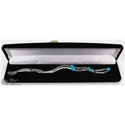 16" SILVER TONE NECKLACE WITH BLUE STONES.