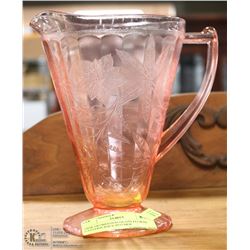 PINK DEPRESSION GLASS FLORAL PATTERN JUICE PITCHER