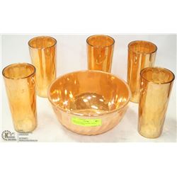 FIRE KING PEACH BOWL WITH 5 PEACH GLASSES