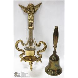 LARGE BRASS BELL 10" AND ANGEL WALL MOUNT