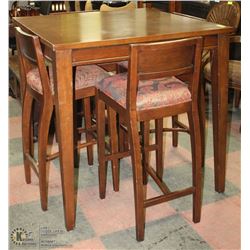 WOOD BAR TABLE WITH 4 CHAIR STOOLS
