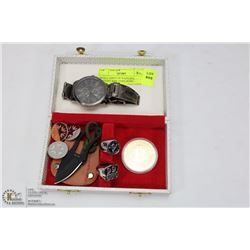 SMALL CHEST OF WATCHES, JEWELRY AND  COIN, MORE
