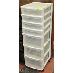 PLASTIC BINS ON WHEELS WITH 4 SMALL DRAWERS AND