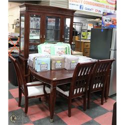 WOOD TONE KITCHEN TABLE WITH 6 CHAIRS BUFFET, AND