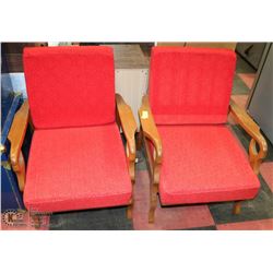 SET OF 2 CARVED WOOD & RED CLOTH SIDE CHAIRS