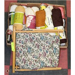 BOX OF YARN WITH SEWING BASKET