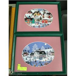2 WOODEN FRAMED WINTER VILLAGE SCENE PICTURES
