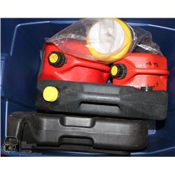 PLASTIC BIN W/ OIL CHANGE PANS, 4 FUNNELS AND