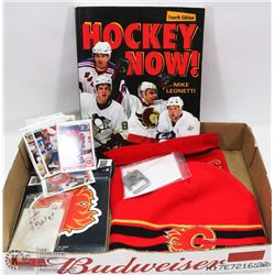 FLAT OF HOCKEY COLLECTIBLES WITH HATS, CARDS