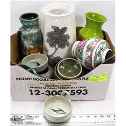 BOX OF NEW, USED & VINTAGE POTTERY VASES &