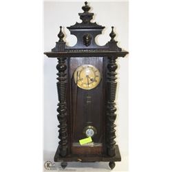 ANTIQUE MAHOGANY ORNATE WALL CLOCK WITH KEY