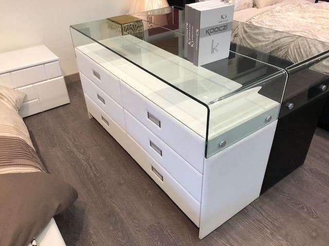 White Bedroom Set With Leather King Size Bed Glass Top Dresser