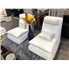 Image 2 : WHITE MODERN LOOK TUFTED LEATHER SOFA AND TWO MATCHING SIDE CHAIRS. SET COMES WITH 5 THROW CUSHIONS