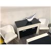 Image 2 : WHITE FRAME WITH BLACK GLASS TOP DINING ROOM SUITE WITH 4 WHITE LEATHER DINING CHAIRS,