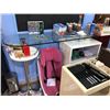 Image 2 : MISC. ITEMS INC. GLASS TOP BAR WITH CONTENTS, A CART WITH SAMPLES AND A CHILD'S CAR SEAT