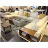 Image 1 : VERY LARGE U-SHAPED TAN LEATHER WITH TEAK ACCENT SECTIONAL SOFA SET, COMES WITH 3 MUSTARD