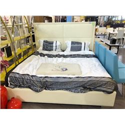 WHITE LEATHER KING SIZE BED WITH MATTRESS, INCLUDES COMFORTER AND ACCENT PILLOWS