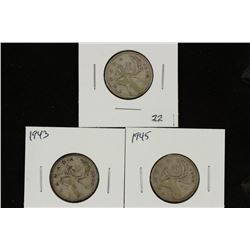1938,43 & 45 CANADA SILVER 25 CENTS