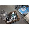 Image 1 : BOX OF KITCHEN PRESSURE COOKER IRONS FAN AND SHOWER HEAD ETC