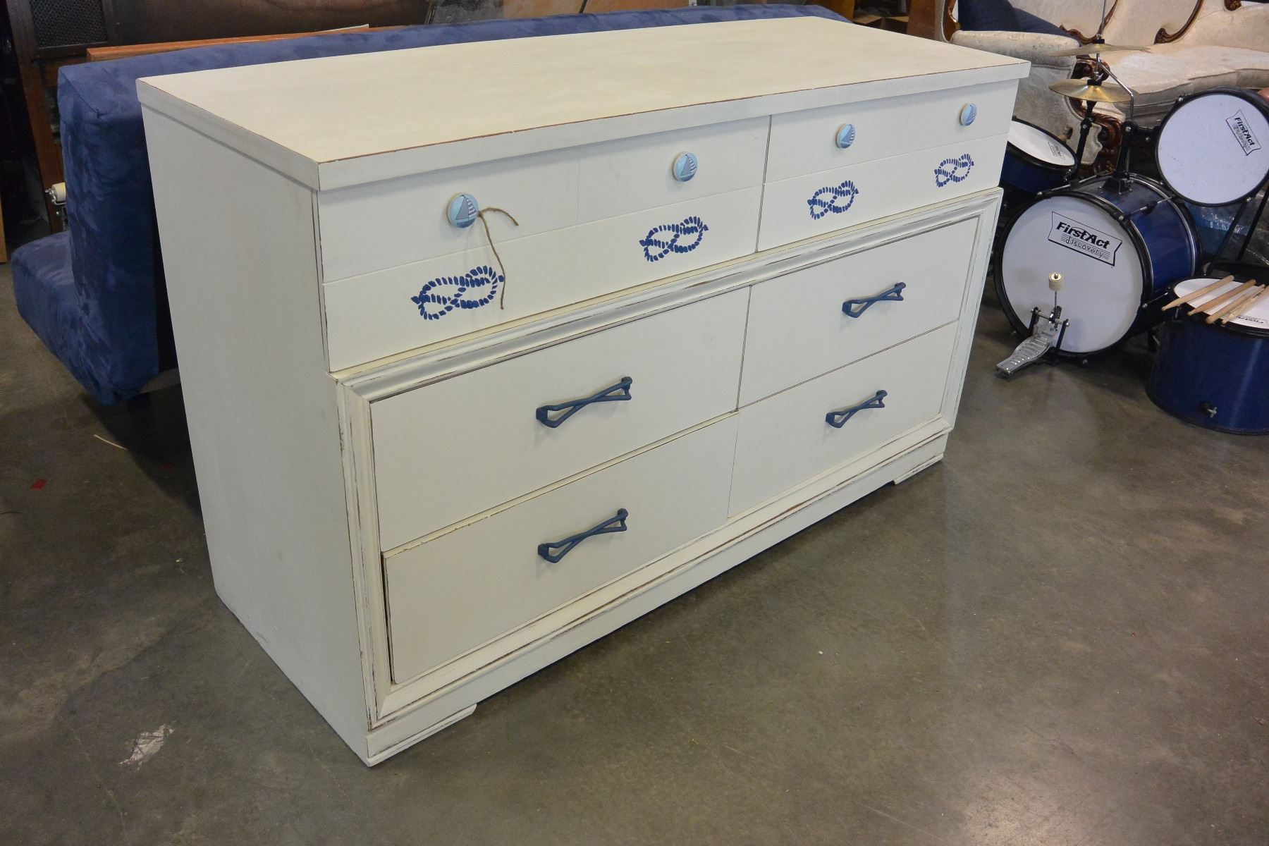 White 6 Drawer Kids Dresser With Nautical Themed Paint