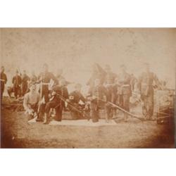 Militia Cabinet Card, An albumen cabinet card of uniformed men posing with long rifles, they ha...