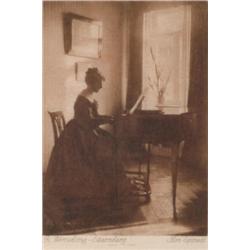 Worschig-Stamberg, R., AM SPINET, a heliogravure on tissue circa 1900. Matted., 5" x 3.5" - 1...