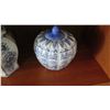 Image 2 : 3 Glazed Blue and White Ceramic/Porcelain Vases & Lidded Jar (tallest 9.5")