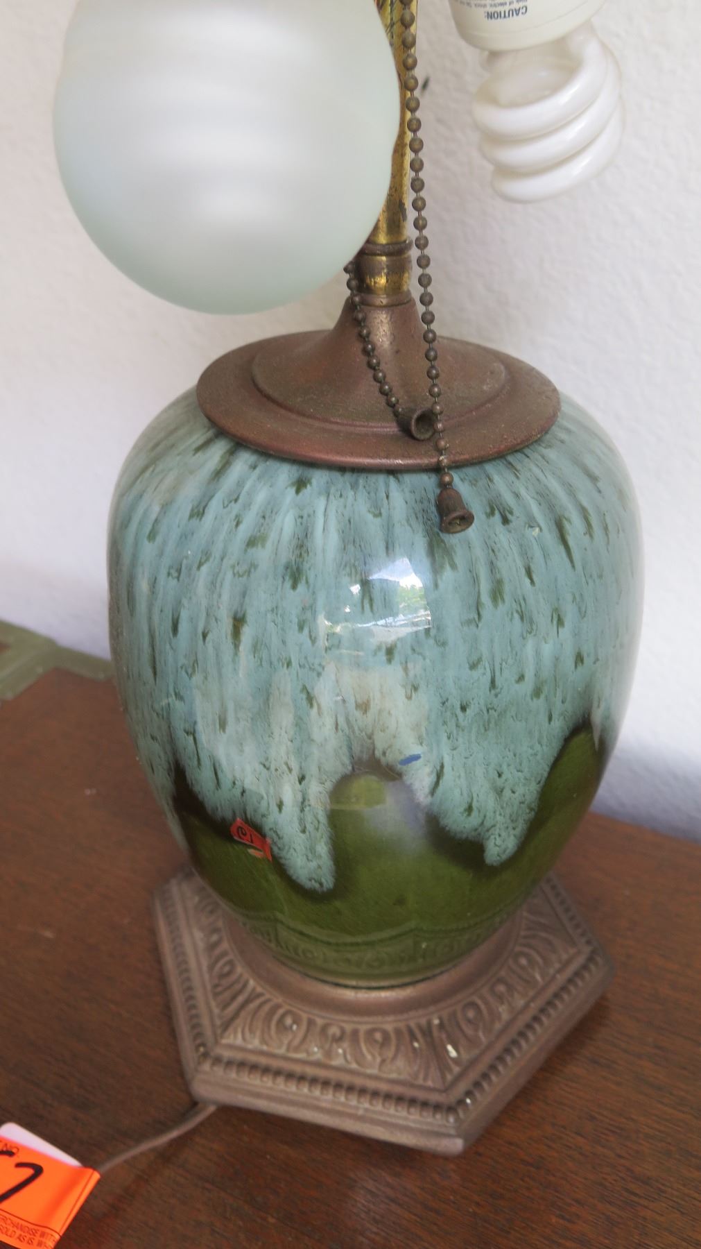 Green Stained Glass Table Lamp w/ Green Raku-Style Ceramic Base, 19" H