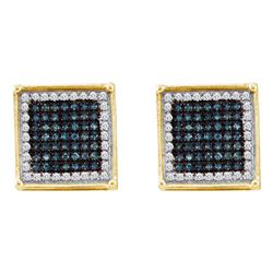 0.33 CTW Mens Blue Color Diamond Square Cluster Earrings 10KT Yellow Gold - REF-18X2Y