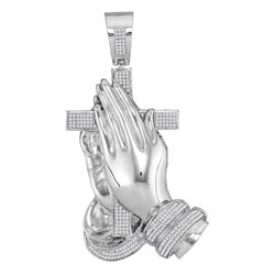 0.90 CTW Mens Diamond Praying Hands & Cross Charm Pendant 10KT White Gold - REF-134F9N