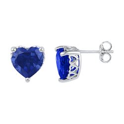 7 CTW Created Blue Sapphire Heart Stud Earrings 10KT White Gold - REF-14W9K