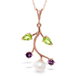 Genuine 2.7 ctw Peridot, Amethyst & Pearl Necklace Jewelry 14KT Rose Gold - REF-29Y7F