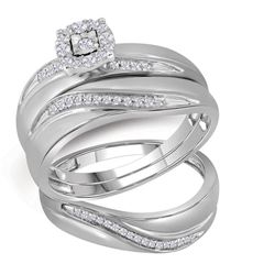 0.19 CTW Diamond Mens Trio Matching Halo Wedding Bridal Ring 10KT White Gold - REF-33N8F