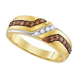 0.35 CTW Mens Cognac-brown Color Diamond Anniversary Ring 10KT Yellow Gold - REF-30F2N