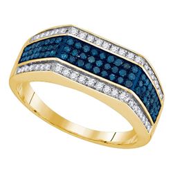 0.75 CTW Mens Blue Color Diamond Triple Flat Surface Ring 10KT Yellow Gold - REF-49W5K