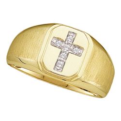 0.05 CTW Mens Diamond Brushed Cross Ring 14KT Yellow Gold - REF-24W2K