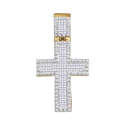 0.95 CTW Mens Princess Diamond Raised Edge Cross Charm Pendant 10KT Yellow Gold - REF-52X4Y