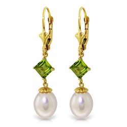 Genuine 9.5 ctw Pearl & Peridot Earrings Jewelry 14KT Yellow Gold - REF-24T4A