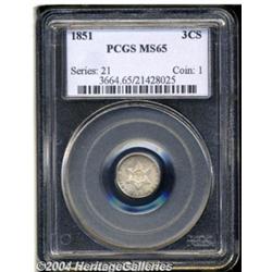 1851 3CS MS65 PCGS. Lovely dove-gray,
