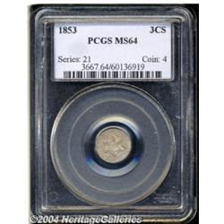 1853 3CS MS64 PCGS. Blushes of lilac, peach,