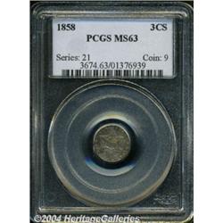 1858 3CS MS63 PCGS. Gray-russet toning over
