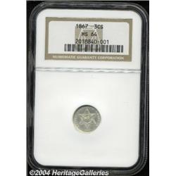 1867 3CS MS64 NGC. Well struck, satiny, and